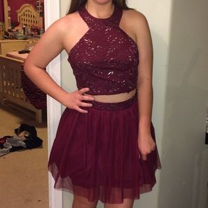 Two piece maroon halter top dress